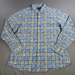 Cremieux Premium Denim Shirt Mens XL Blue Paisley Plaid 100% Cotton Button Up